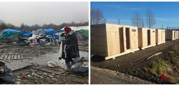 Antes: Es una emergencia. Es invierno. Llueve. Los refugiados viven en el barro en Grande-Synthe. ©Jon Levy/MSF Después: MSF hace lo que no hizo el Estado, proveer condiciones de vida decentes para los refugiados en Grande- Synthe. ©Raphaël Etcheberry / Médecins sans Frontières