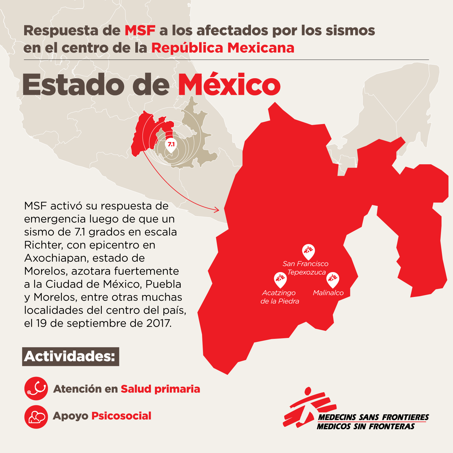 Mapa del Estado de México que muestra la respuesta de MSF ante los terremotos