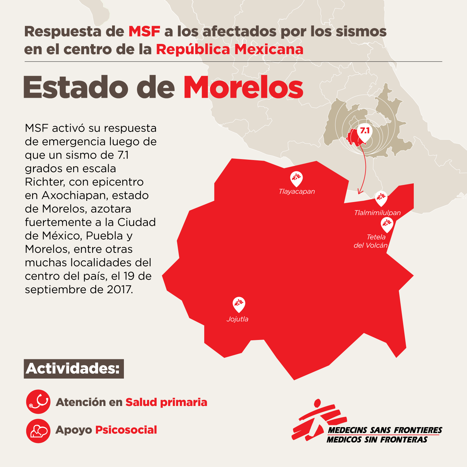 Mapa del Estado de Morelos, México, que muestra la respuesta de MSF a los terremotos.