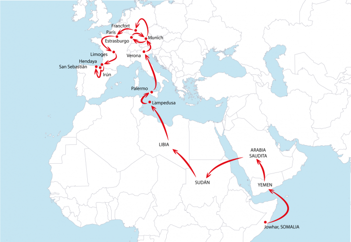 Mapa del viaje de un refugiado a Europa