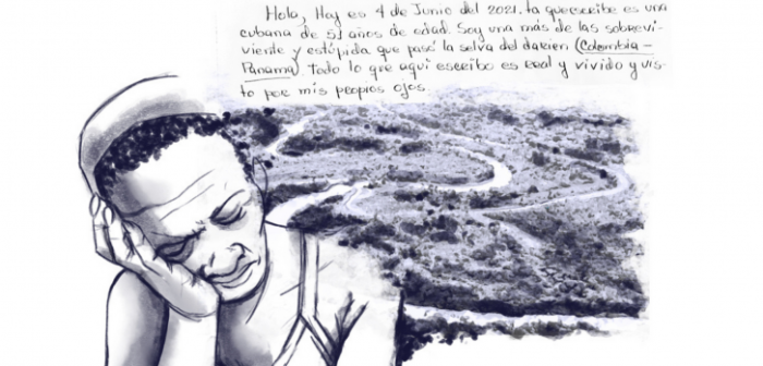 Inicio de la carta escrita por María, sobreviviente de la ruta migratoria a través de la selva del Darién, junto a una ilustración de su relato.MSF/Jorge Montoya