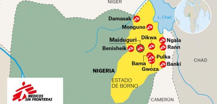 Mapa de Nigeria: en septiembre de 2017 MSF manejaba 11 instalaciones médicas en seis ciudades de Borno (Maiduguri, Ngala, Monguno, Gwoza, Pulka y Banisheikh) y tenía actividades médicas en Bama, Banki, Dikwa, Damasak y Rann. En marzo de 2018 MSF tiene que suspender sus actividades en Rann.  ©MSF