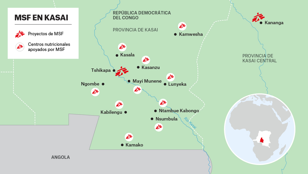 Mapa de los proyectos de Médicos Sin Fronteras en Kasai - Octubre 2017