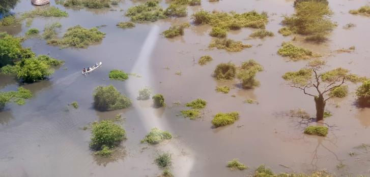 La zona del hospital en Pibor, Sudán del Sur, vista desde un helicóptero y totalmente inundada.MSF